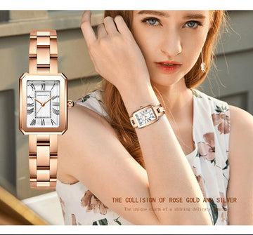 Elegant Female Rose Gold Tone Square Dial Ladies Watches - Fashion Stainless Steel Waterproof Quartz Wristwatches